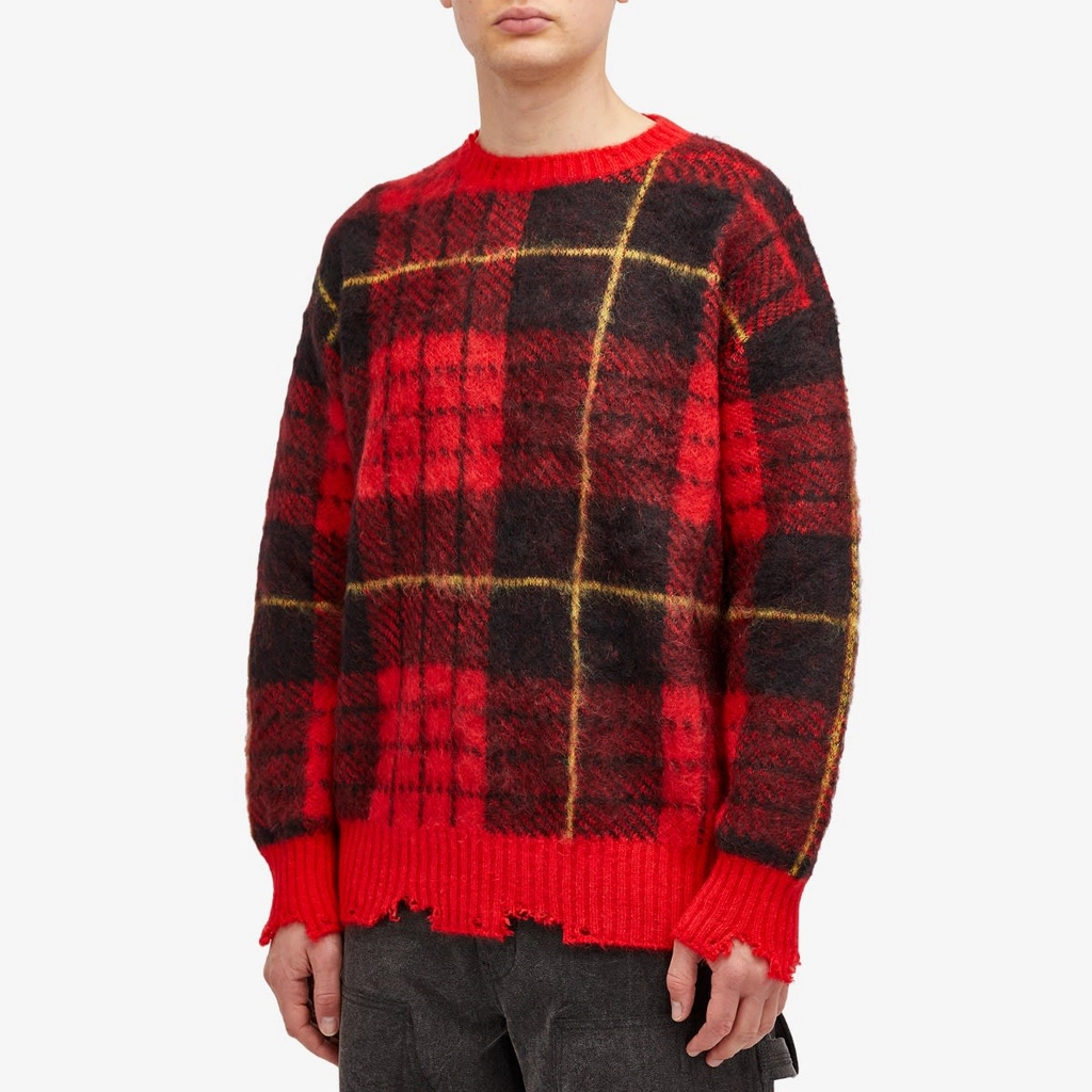 Alexander McQueen Men's Brushed Mohair Tartan Jumper Red/Black/Yellow